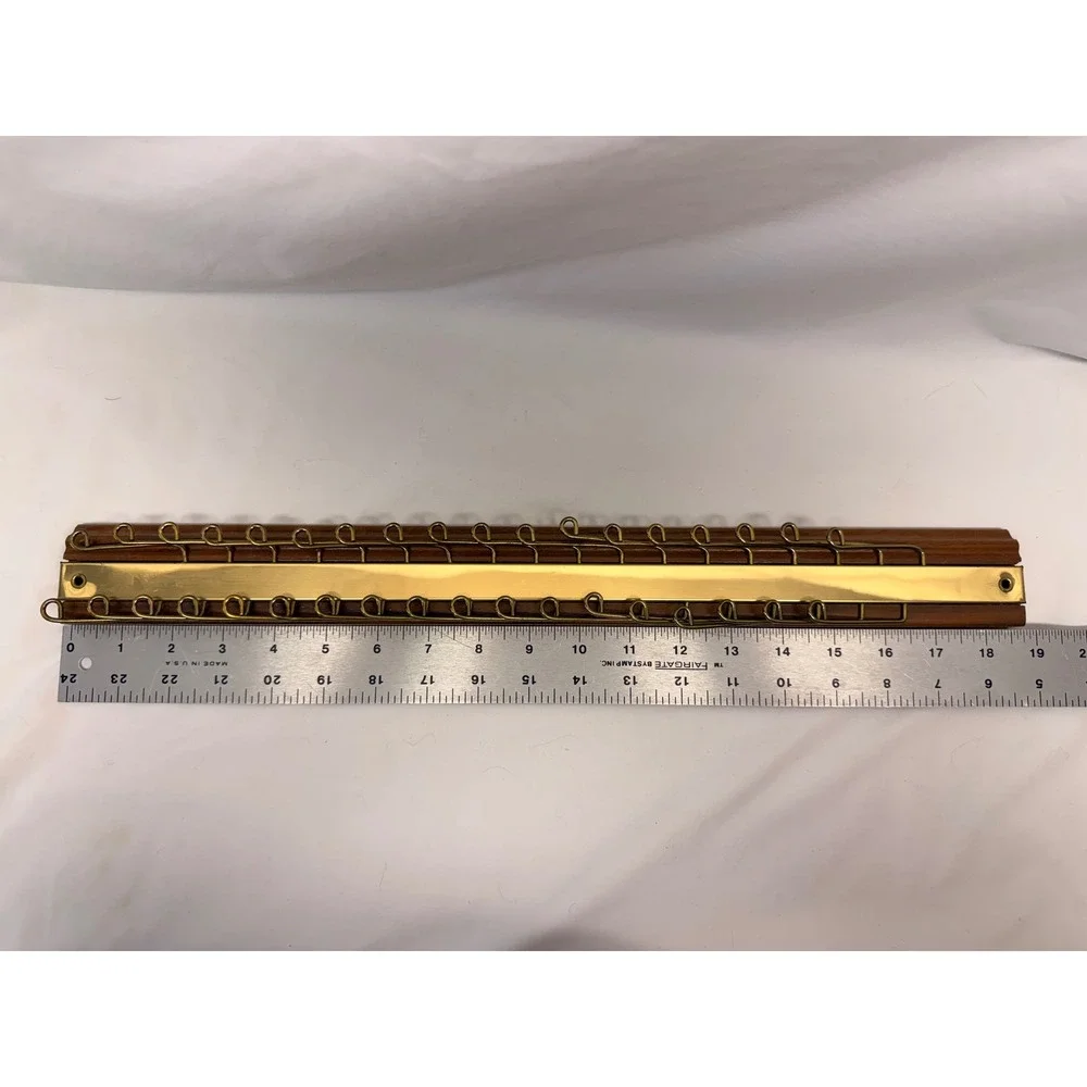 Vintage Walnut Wood Brass Tie Rack Wall Mount Closet Organizer 24 Hook 18 Inch